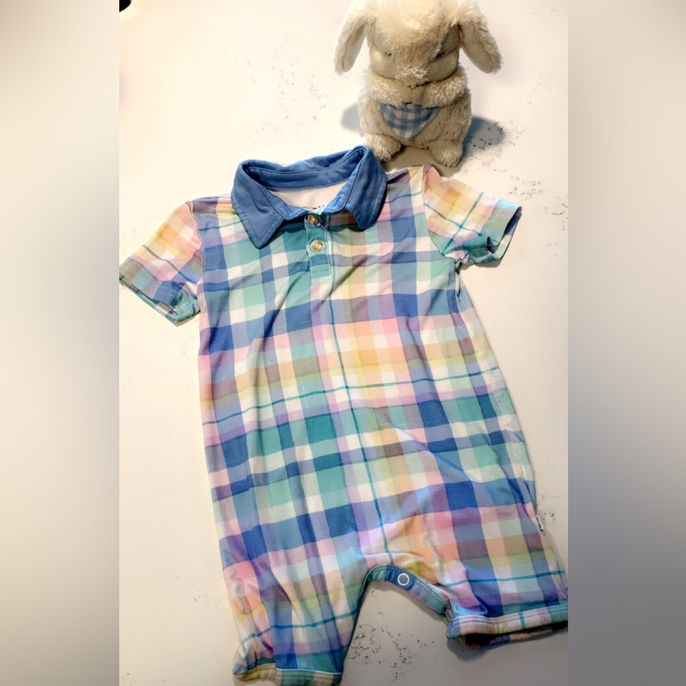 Little Sleepies Plaid Bamboo Romper + Matching Bib 12–18M